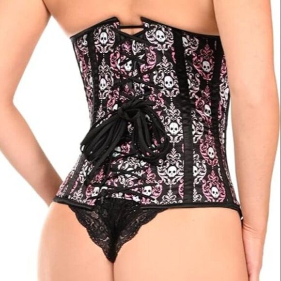 🆕️ 31"-34" Lavish XL underbust corset black pink white satin skulls corset busk - Picture 4 of 9